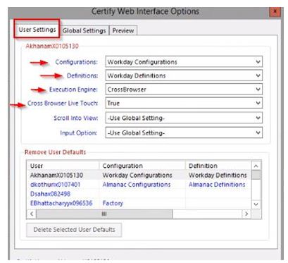 User settings certify web interface options